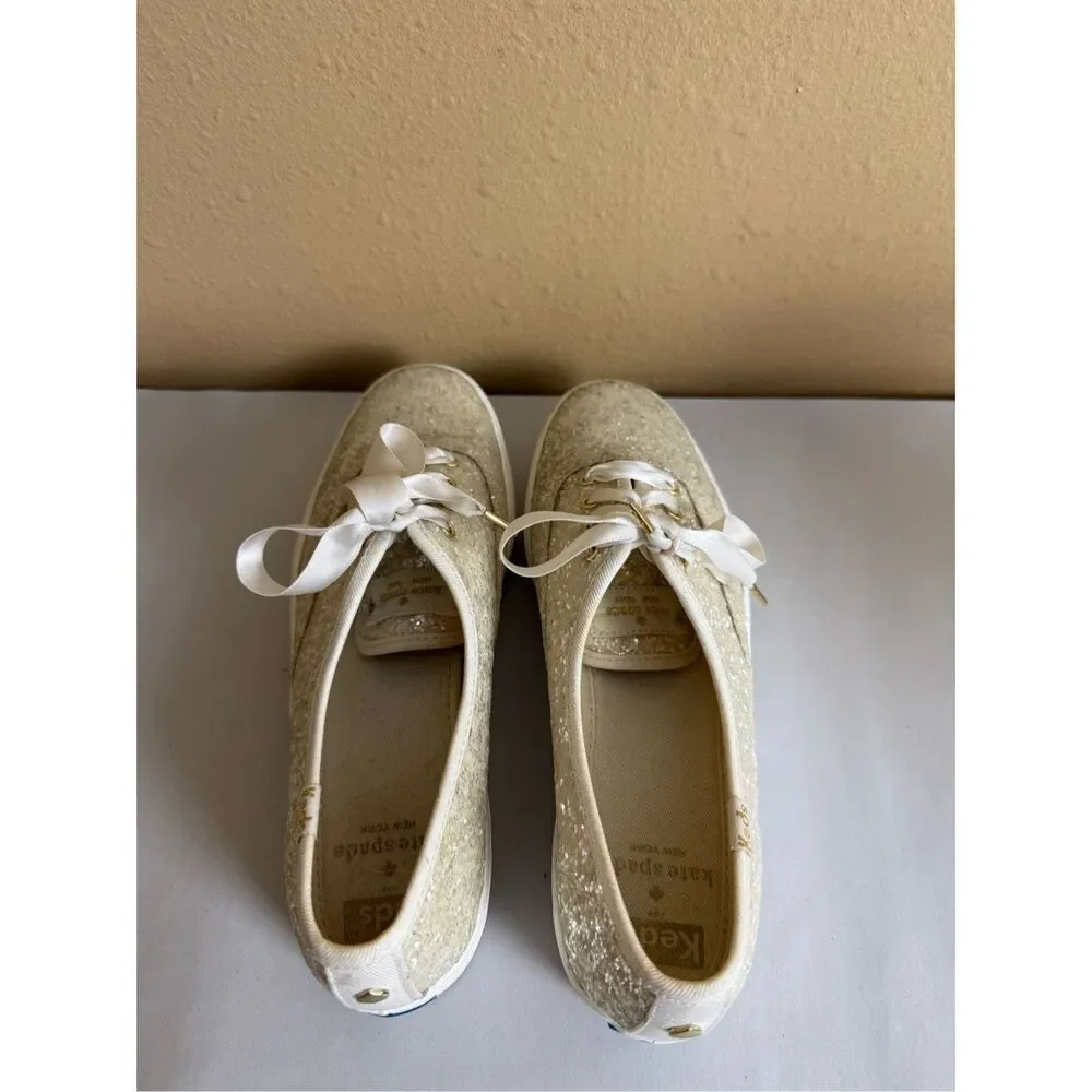 Keds x Kate Spade Glitter Sneakers Cream Ribbon Lace Womens 7